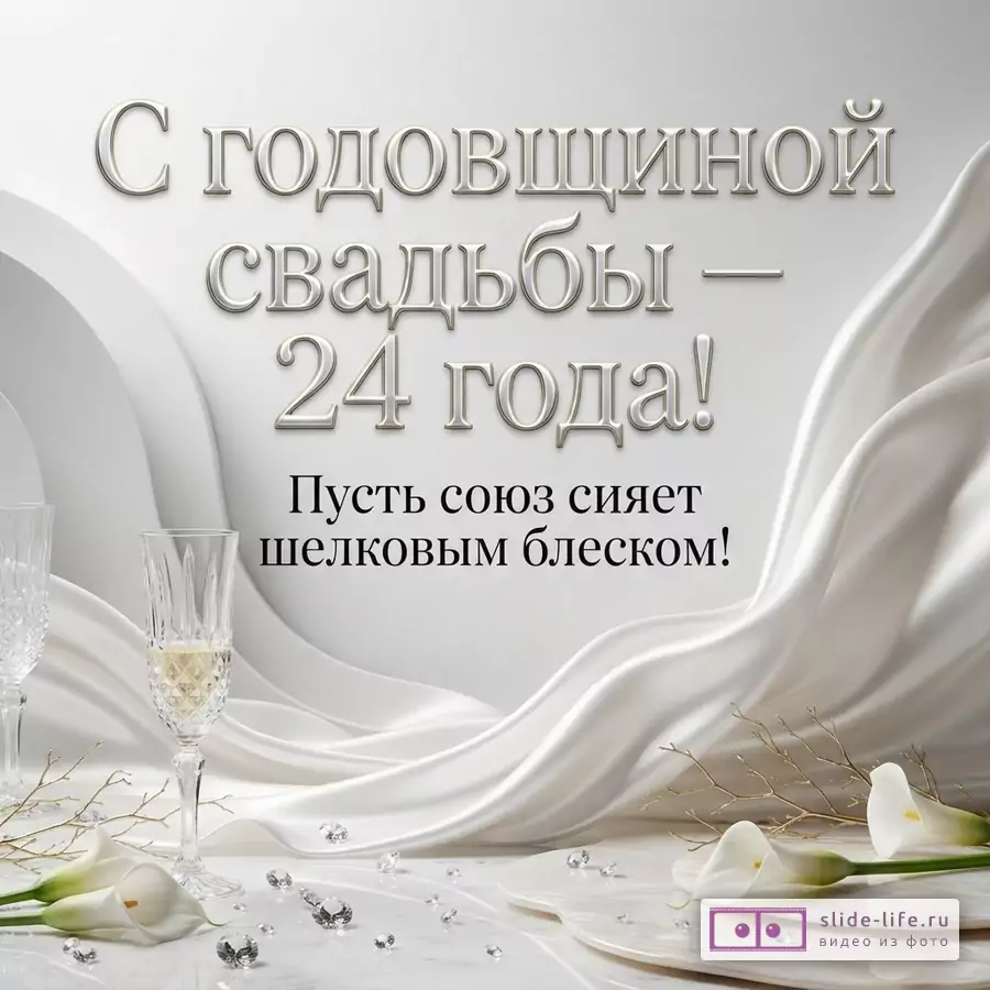 Хрустальный бокал с шампанским, белые каллы и драпировка из светлой ткани с текстом «С годовщиной свадьбы — 24 года! Пусть союз сияет шелковым блеском!»