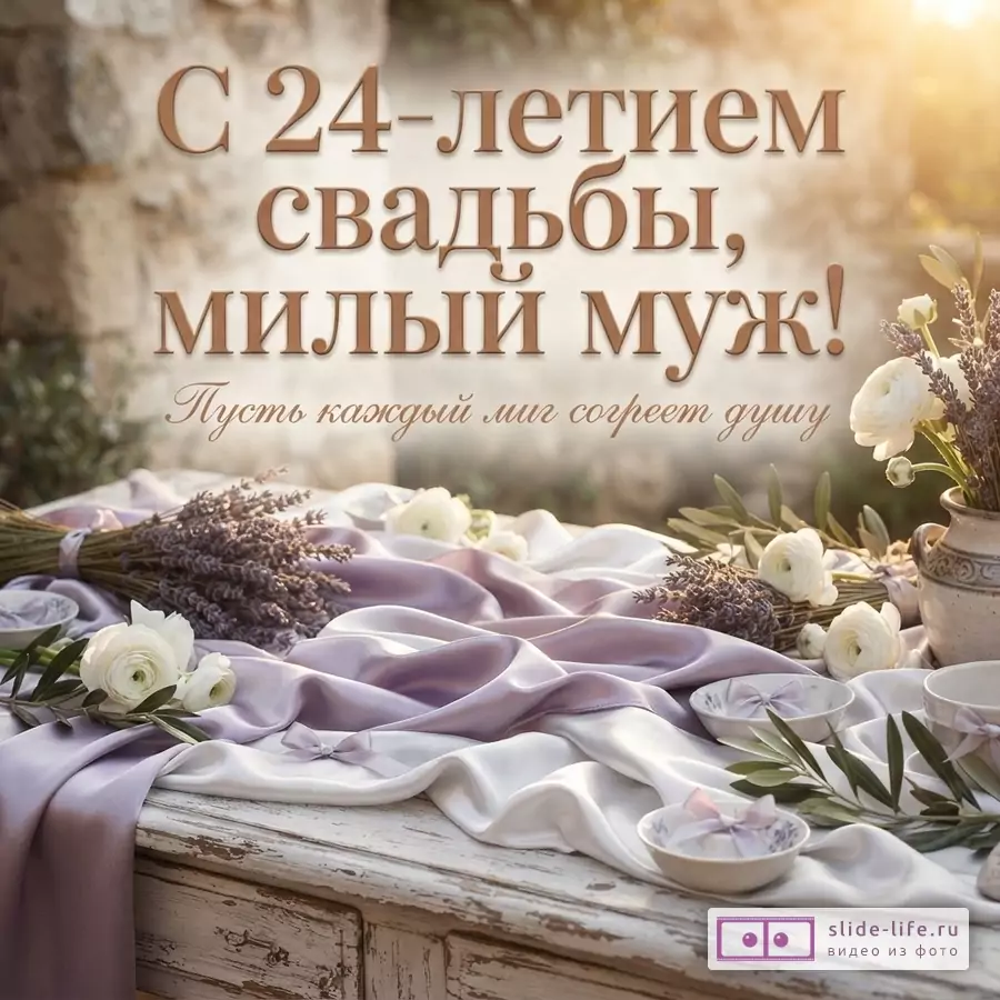Деревянный стол с драпировкой из лавандового и белого атласа, букетами лаванды и белых лютиков, с текстом: «С 24-летием свадьбы, милый муж! Пусть каждый миг согреет душу».
