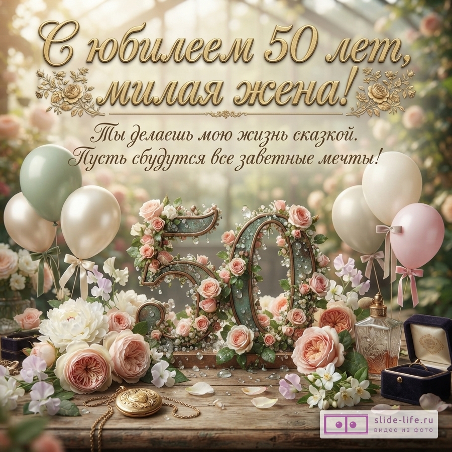 Открытка с юбилеем 50 лет, фон размытый сад, на переднем плане деревянный стол, на нем цифры «50» из цветов и кристаллов, вокруг розы, пионы, воздушные шары, кулон, флакон духов, коробочка с кольцом. Текст: «С юбилеем 50 лет, милая жена! Ты делаешь мою жизнь сказкой. Пусть сбудутся все заветные мечты!»