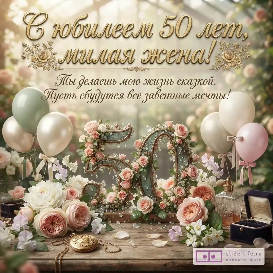 Открытка с юбилеем 50 лет, фон размытый сад, на переднем плане деревянный стол, на нем цифры «50» из цветов и кристаллов, вокруг розы, пионы, воздушные шары, кулон, флакон духов, коробочка с кольцом. Текст: «С юбилеем 50 лет, милая жена! Ты делаешь мою жизнь сказкой. Пусть сбудутся все заветные мечты!»