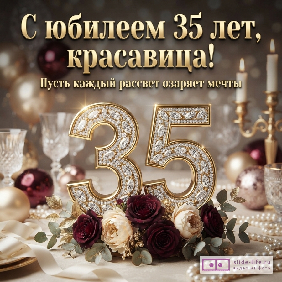 Объемная золотая цифра 35 с кристаллами, бордовыми розами, свечами и жемчугом. Надпись: «С юбилеем 35 лет, красавица! Пусть каждый рассвет озаряет мечты».