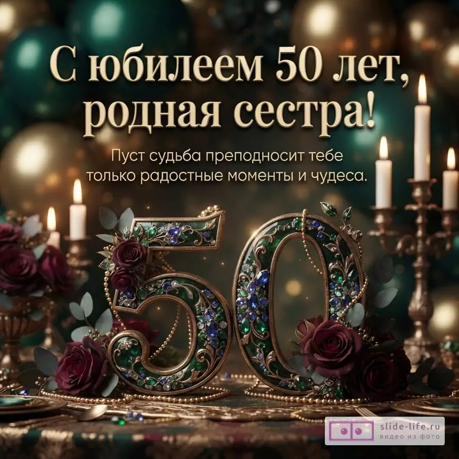 Открытка с фоном из золотых и бирюзовых шаров, свечами, на столе цифры «50» из изумрудов и сапфиров, украшенные бордовыми розами. Текст: «С юбилеем 50 лет, родная сестра! Пусть судьба преподносит тебе только радостные моменты и чудеса.»