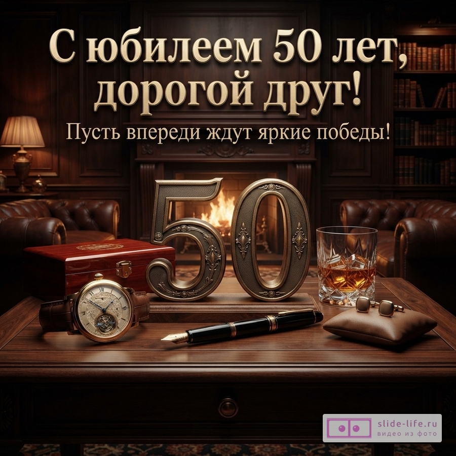 Открытка с юбилеем 50 лет другу на фоне кабинета с камином. На столе часы, ручка, бокал виски, запонки и цифры «50». Текст: «С юбилеем 50 лет, дорогой друг! Пусть впереди ждут яркие победы!»