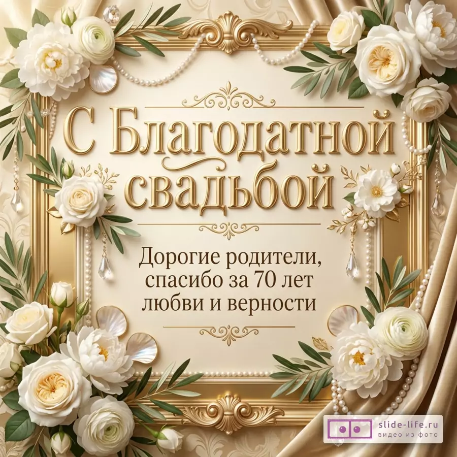 Золотистая открытка с декоративной рамой, белыми цветами, зелеными листьями, жемчужными нитями и текстом «С Благодатной свадьбой Дорогие родители, спасибо за 70 лет любви и верности»