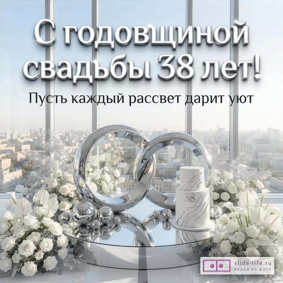 Фон окна с видом на город. На переднем плане серебристые кольца, белый торт с цифрой «38», белые цветы и серебристые шары. Текст: «С годовщиной свадьбы 38 лет! Пусть каждый рассвет дарит уют»