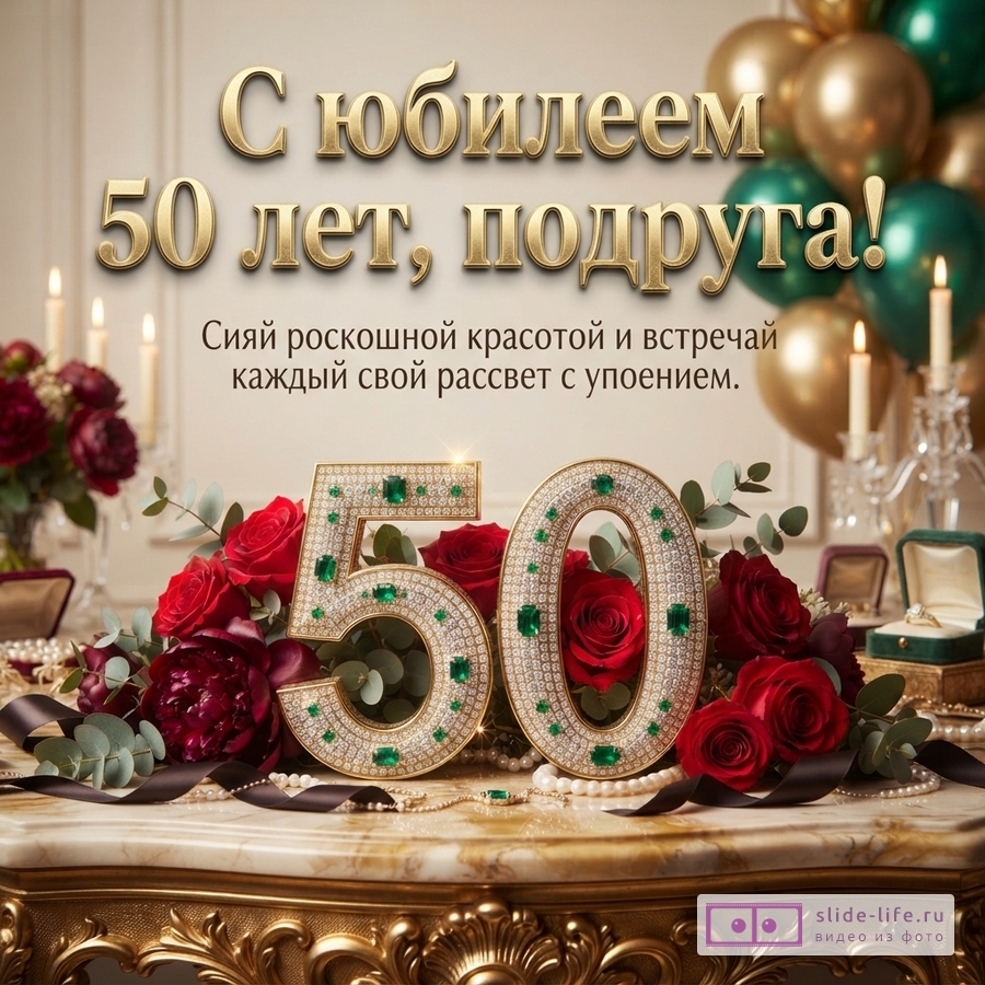 Открытка с золотым текстом на бежевом фоне, золотые и зеленые шары, свечи, красные розы, цифры «50» из золота с изумрудами и бриллиантами. Текст: «С юбилеем 50 лет, подруга! Сияй роскошной красотой и встречай каждый свой рассвет с упоением.»