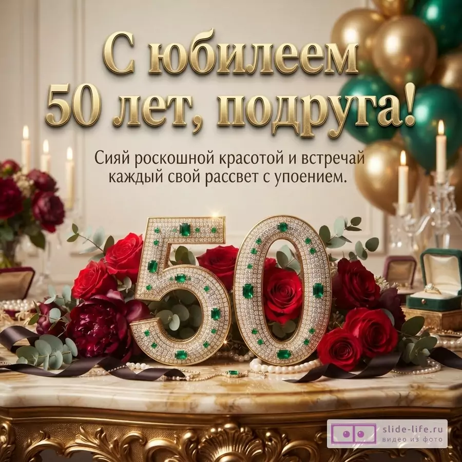 Открытка с золотым текстом на бежевом фоне, золотые и зеленые шары, свечи, красные розы, цифры «50» из золота с изумрудами и бриллиантами. Текст: «С юбилеем 50 лет, подруга! Сияй роскошной красотой и встречай каждый свой рассвет с упоением.»