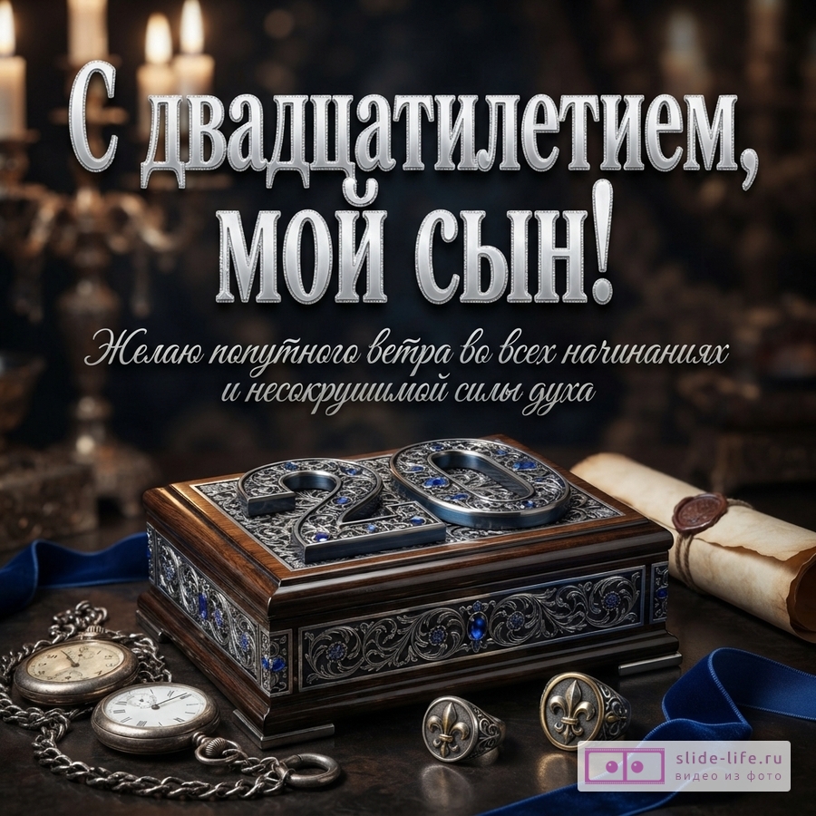 Деревянная шкатулка с инкрустированной цифрой 20, карманные часы и перстни на темном фоне с надписью «С двадцатилетием, мой сын! Желаю попутного ветра во всех начинаниях и несокрушимой силы духа».