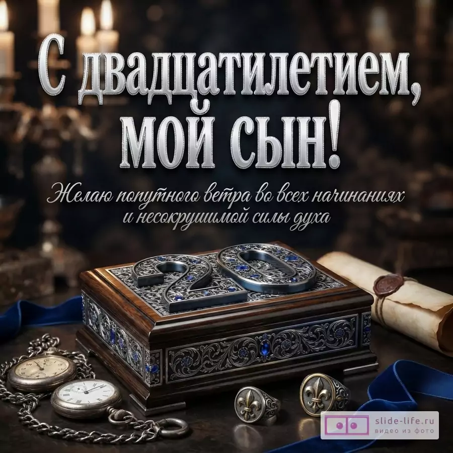 Деревянная шкатулка с инкрустированной цифрой 20, карманные часы и перстни на темном фоне с надписью «С двадцатилетием, мой сын! Желаю попутного ветра во всех начинаниях и несокрушимой силы духа».