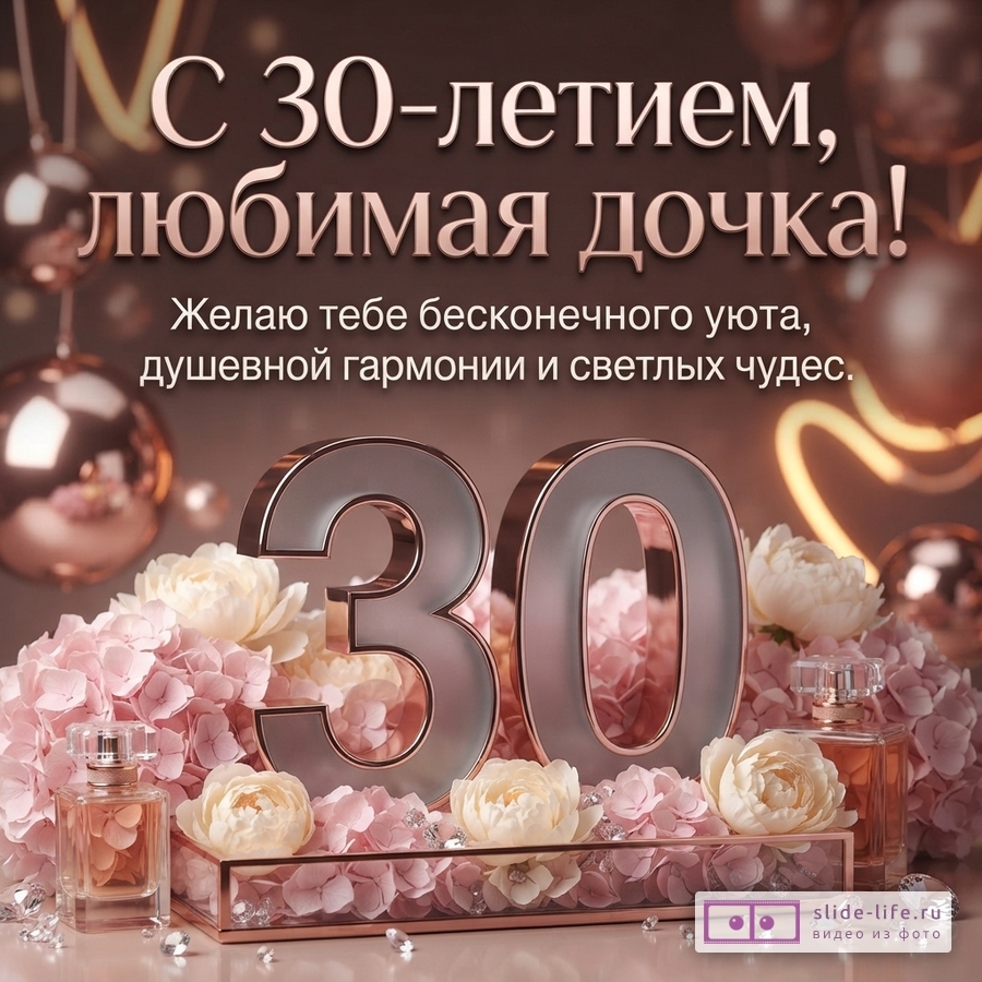 Объемная цифра 30 в цветах, флаконы духов, шары и текст «С 30-летием, любимая дочка! Желаю тебе бесконечного уюта, душевной гармонии и светлых чудес.»