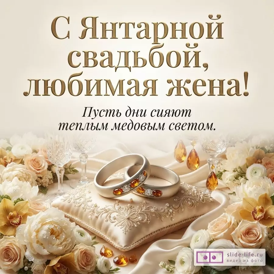 Бежевый фон, золотистые буквы, обручальные кольца с янтарными вставками, цветы, бокалы, янтарные подвески. Текст: «С Янтарной свадьбой, любимая жена! Пусть дни сияют теплым медовым светом.»