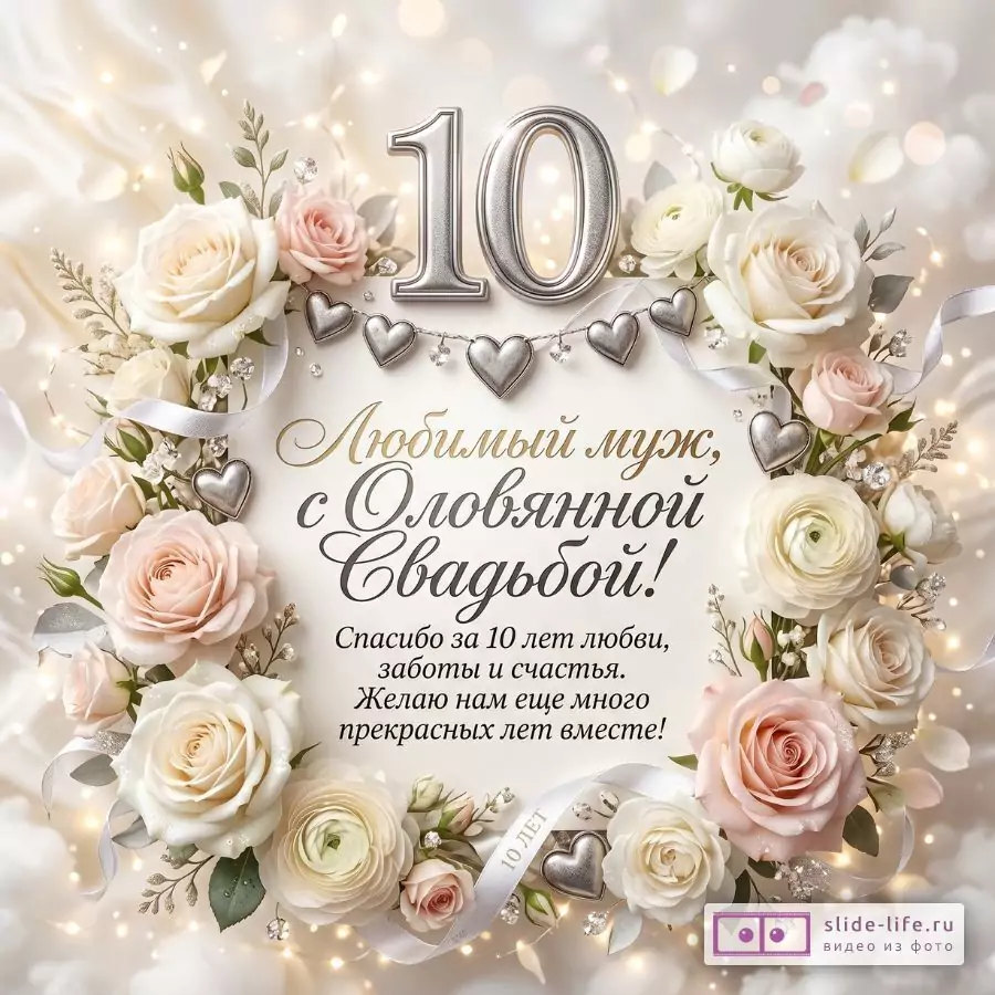 С Оловянной Свадьбой, Любимый Муж! Красивая Открытка на 10 Лет Свадьбы от Жены