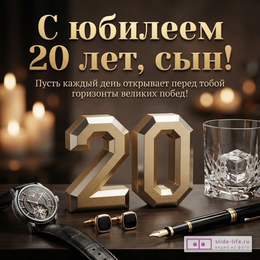 Объемная золотая цифра 20, наручные часы, запонки, перьевая ручка и стакан на столе с надписью «С юбилеем 20 лет, сын! Пусть каждый день открывает перед тобой горизонты великих побед!»