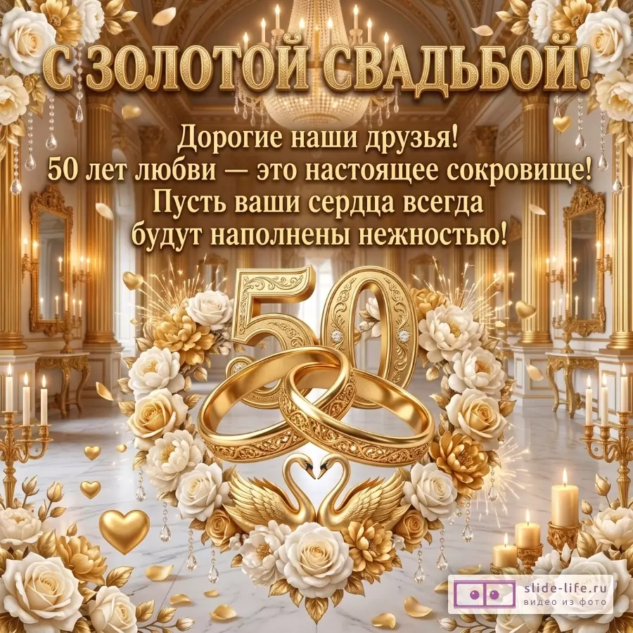 Золотисто-белый фон с интерьером зала, люстрой, свечами, белыми и золотыми цветами, цифрой 50, обручальными кольцами и лебедями. Текст: «С ЗОЛОТОЙ СВАДЬБОЙ! Дорогие наши друзья!»