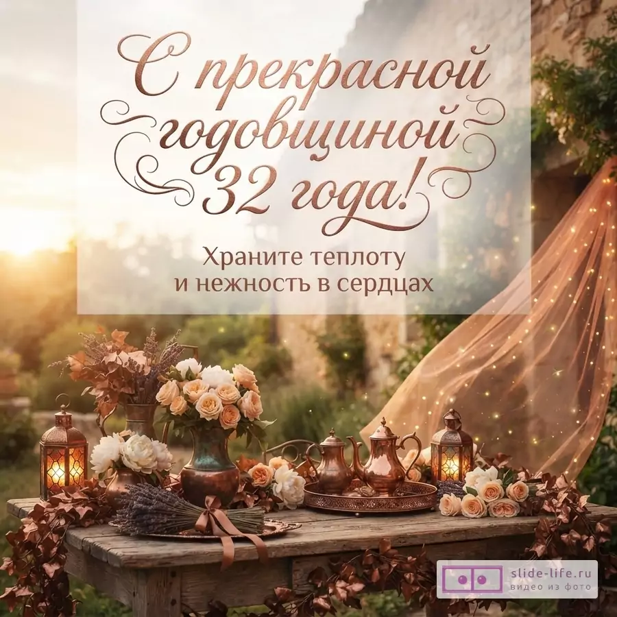 Фон с закатом и старинным зданием, на переднем плане деревянный стол с медной посудой, цветами и фонарями. Текст «С прекрасной годовщиной 32 года! Храните теплоту и нежность в сердцах»