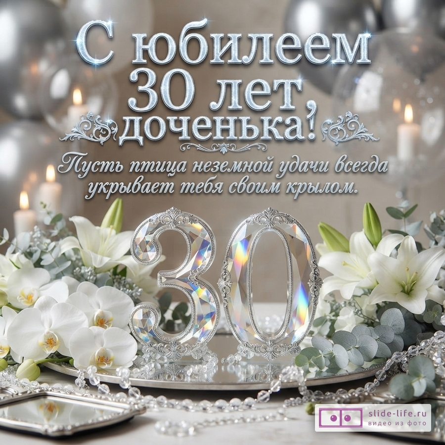 Хрустальная цифра 30 в окружении белых лилий, орхидей и свечей с надписью «С юбилеем 30 лет, доченька! Пусть птица неземной удачи всегда укрывает тебя своим крылом.»