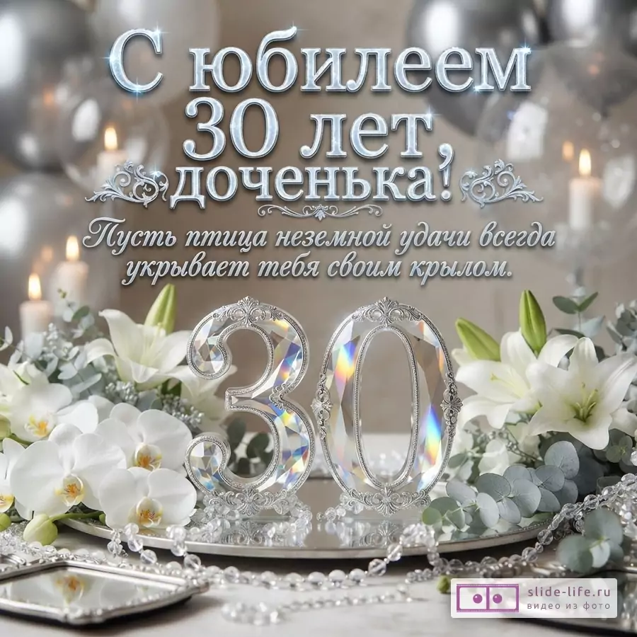 Хрустальная цифра 30 в окружении белых лилий, орхидей и свечей с надписью «С юбилеем 30 лет, доченька! Пусть птица неземной удачи всегда укрывает тебя своим крылом.»