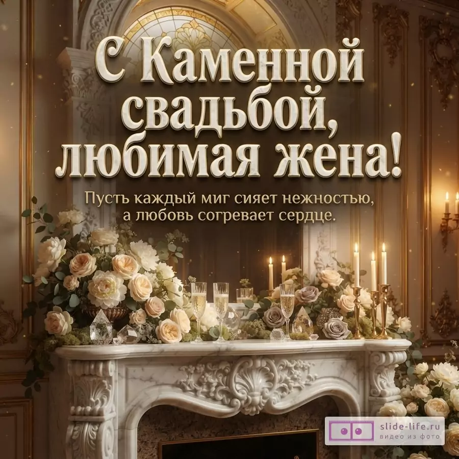 Открытка с Каменной свадьбой для жены. Фон бежевый, золотистый. В центре надпись «С Каменной свадьбой, любимая жена!» и «Пусть каждый миг сияет нежностью, а любовь согревает сердце.». Внизу мраморный камин, украшенный белыми и персиковыми розами, свечами и бокалами с шампанским.