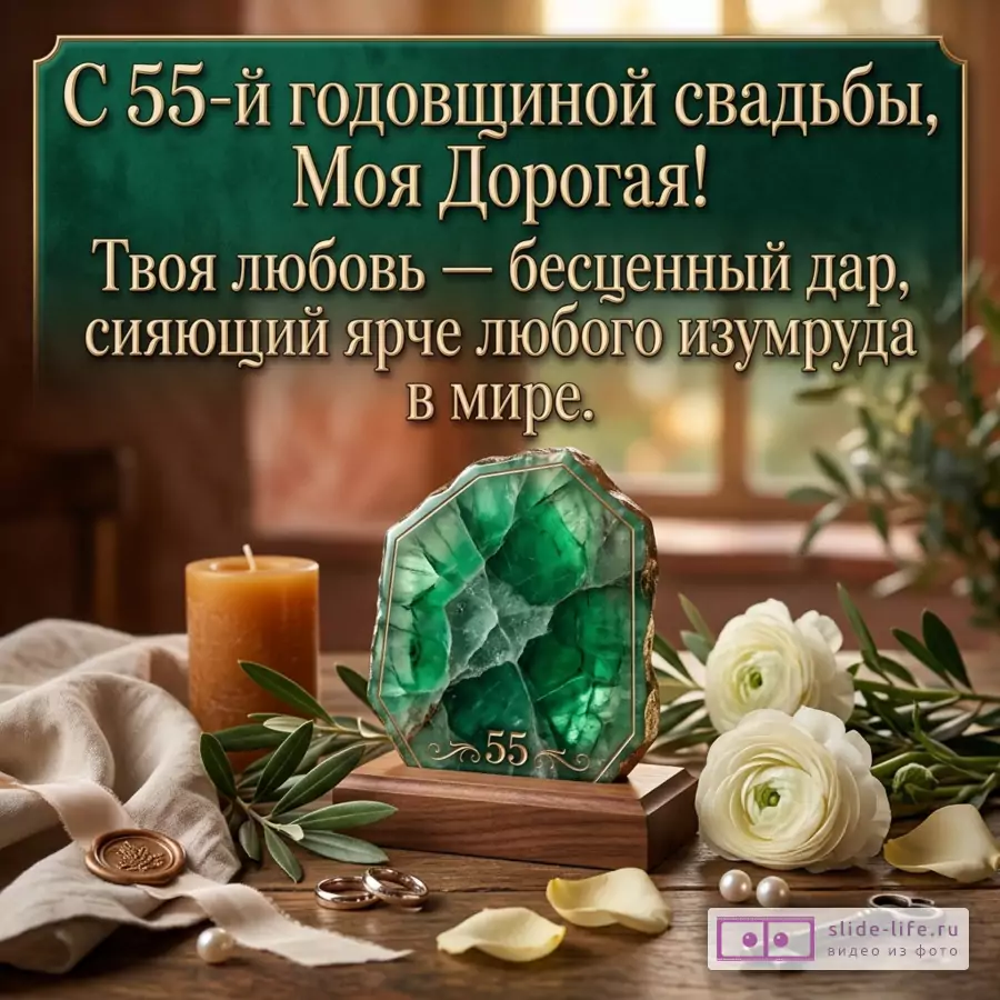 Зеленый фон, золотистый текст «С 55-й годовщиной свадьбы, Моя Дорогая! Твоя любовь — бесценный дар, сияющий ярче любого изумруда в мире.», изумруд с числом «55», свеча, белые цветы, кольца, жемчуг, ключ, оливковые ветви, деревянный стол