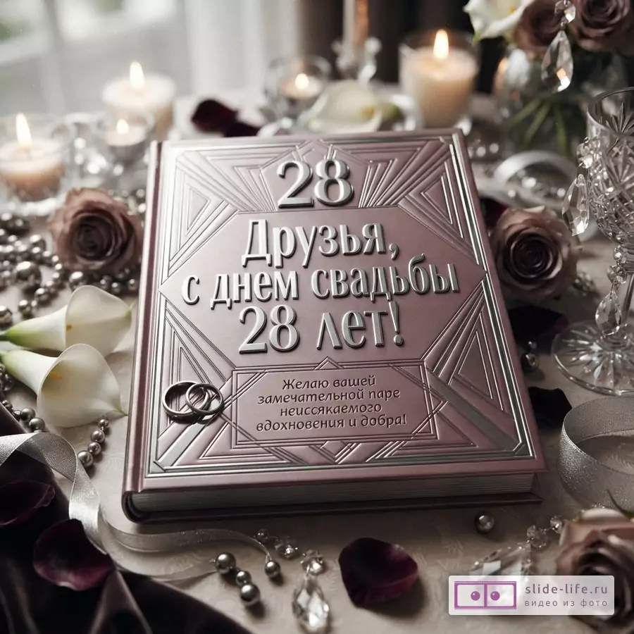 Книга розового цвета с серебристым тиснением, на обложке надпись «28 Друзья, с днем свадьбы 28 лет! Желаю вашей замечательной паре неиссякаемого вдохновения и добра!», рядом два обручальных кольца, свечи, цветы каллы и розы, бусы, хрустальный бокал