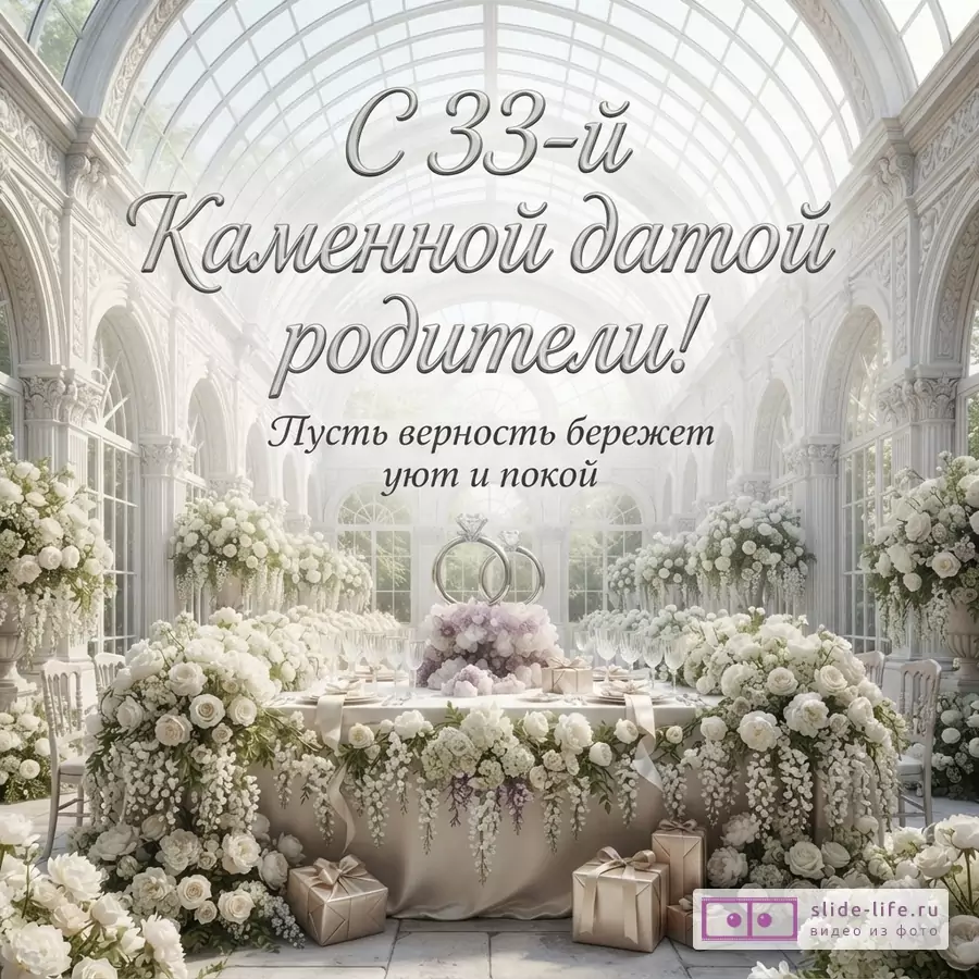Белый интерьер с прозрачной крышей, на переднем плане стол, украшенный белыми цветами и подарками, на столе два кольца. Текст: «С 33-й Каменной датой родители! Пусть верность бережет уют и покой»