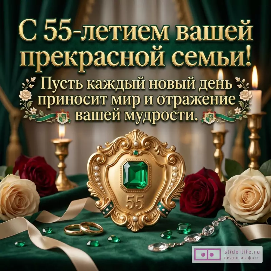 Зеленый и золотой фон, свечи, белые и бордовые розы, золотые кольца, лента, зеленые и прозрачные камни, золотой медальон с изумрудом и числом 55, текст «С 55-летием вашей прекрасной семьи! Пусть каждый новый день приносит мир и отражение вашей мудрости.»