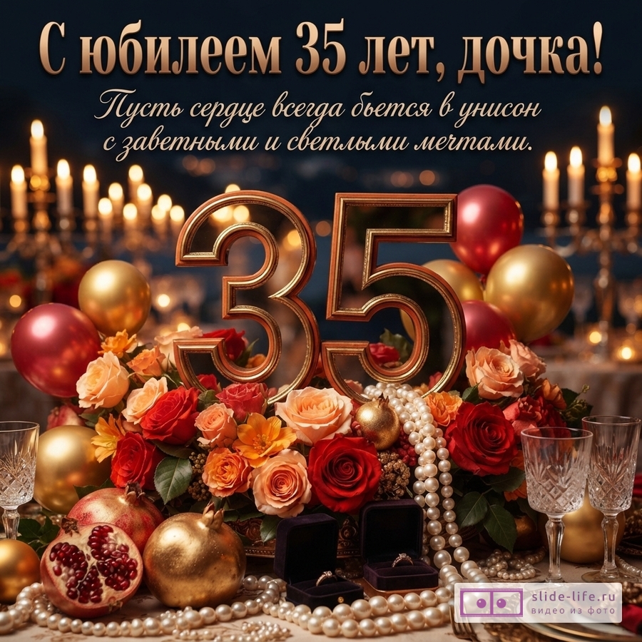 Большая цифра 35 среди красных роз, гранатов и жемчуга на праздничном столе со свечами и надпись «С юбилеем 35 лет, дочка! Пусть сердце всегда бьется в унисон с заветными и светлыми мечтами.»