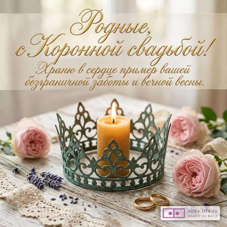 Бирюзовая корона с горящей свечой, обручальные кольца, розы, кружево и надпись «Родные, с Коронной свадьбой! Храню в сердце пример вашей безграничной заботы и вечной весны.»
