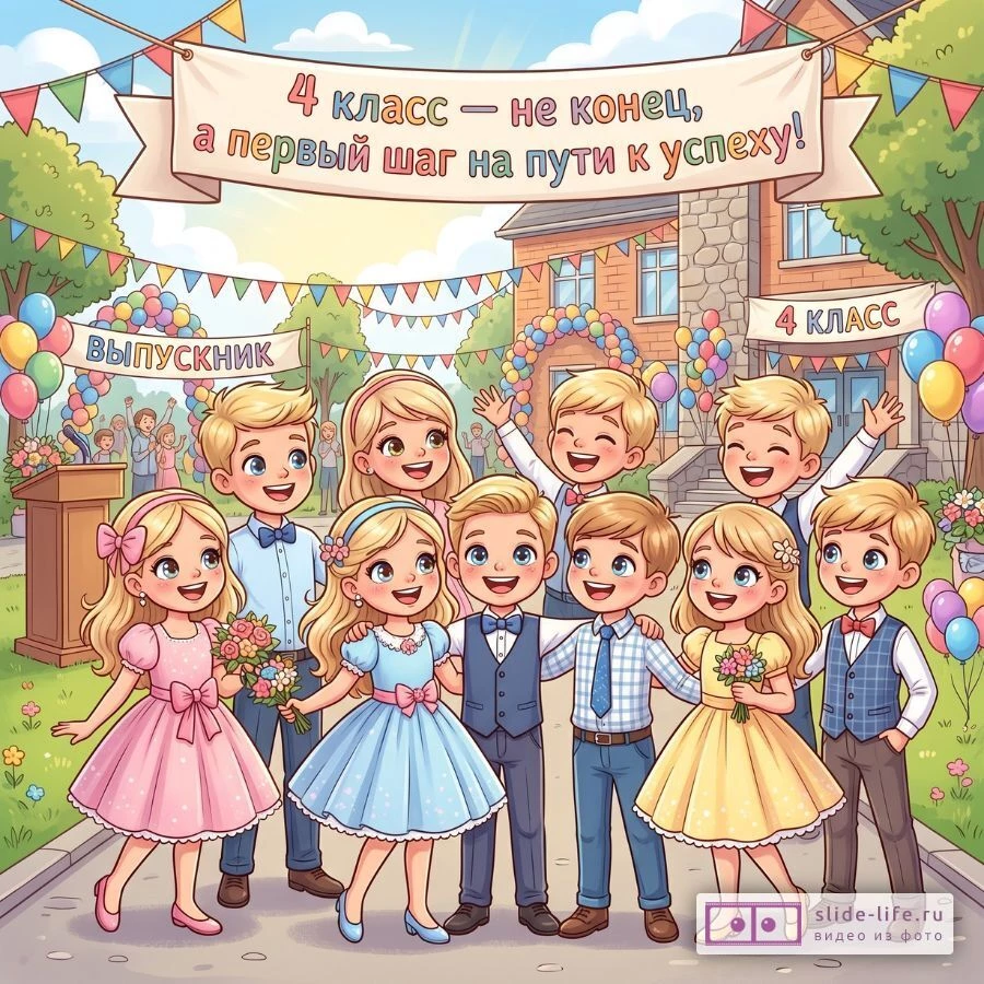 Дети 4 класса на выпускном — Будущее в их руках позитивные открытки