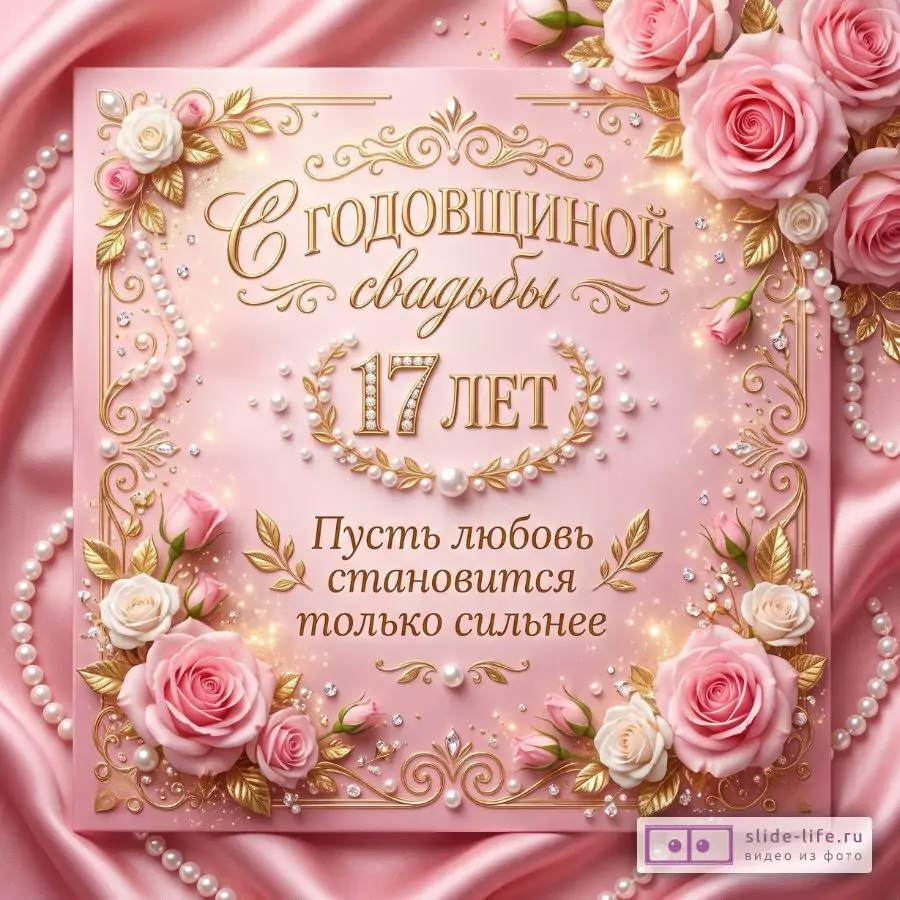 Розовый шелковистый фон, открытка с розовыми и белыми розами, жемчугом, золотым узором и блестками, текст: «С годовщиной свадьбы 17 лет Пусть любовь становится только сильнее»