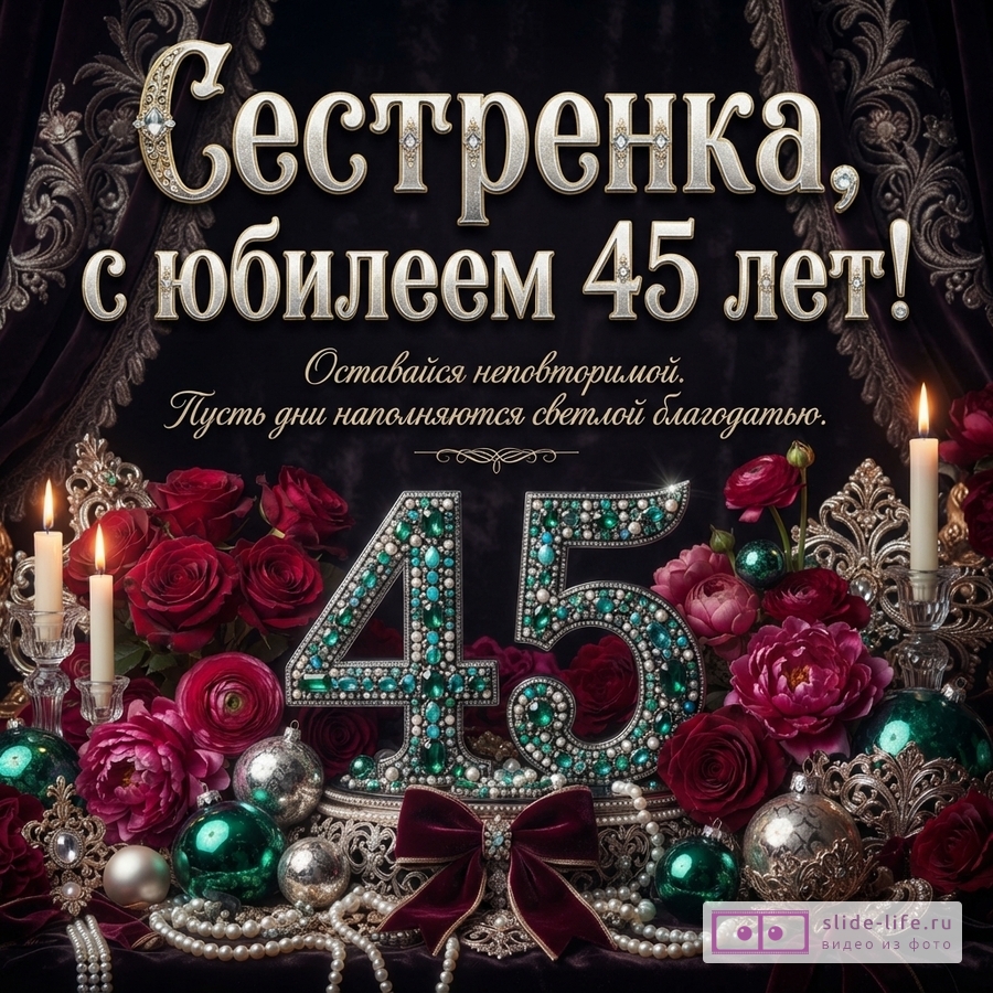 Открытка на черном фоне с золотыми буквами. В центре крупные цифры «45», украшенные бирюзовыми и белыми камнями. Вокруг цифр красные розы, зеленые и серебряные елочные шары, жемчужные бусы, свечи. Текст: «Сестренка, с юбилеем 45 лет! Оставайся неповторимой. Пусть дни наполняются светлой благодатью.»