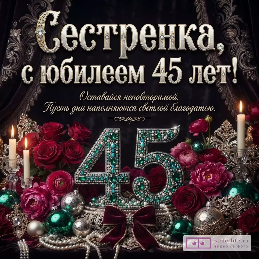 Открытка на черном фоне с золотыми буквами. В центре крупные цифры «45», украшенные бирюзовыми и белыми камнями. Вокруг цифр красные розы, зеленые и серебряные елочные шары, жемчужные бусы, свечи. Текст: «Сестренка, с юбилеем 45 лет! Оставайся неповторимой. Пусть дни наполняются светлой благодатью.»
