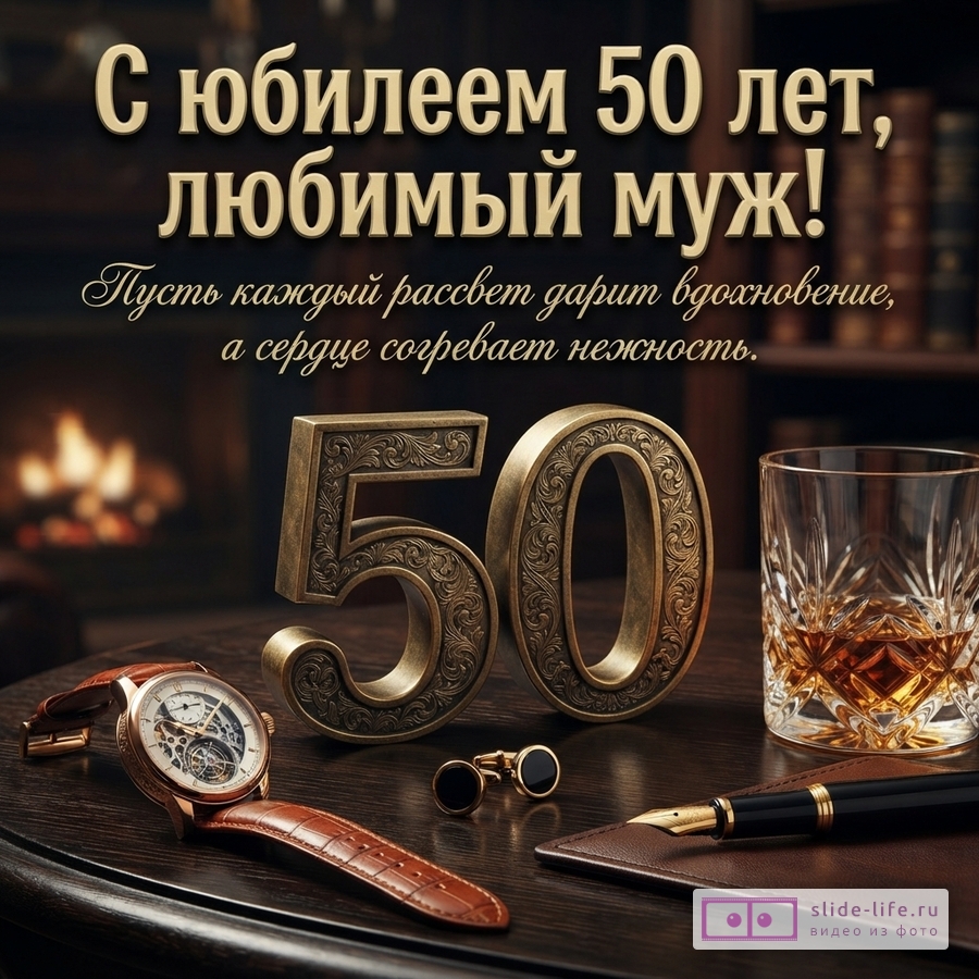 Открытка с темным фоном, золотыми буквами «С юбилеем 50 лет, любимый муж! Пусть каждый рассвет дарит вдохновение, а сердце согревает нежность.». На переднем плане золотые цифры «50», часы, запонки, стакан с виски и ручка.