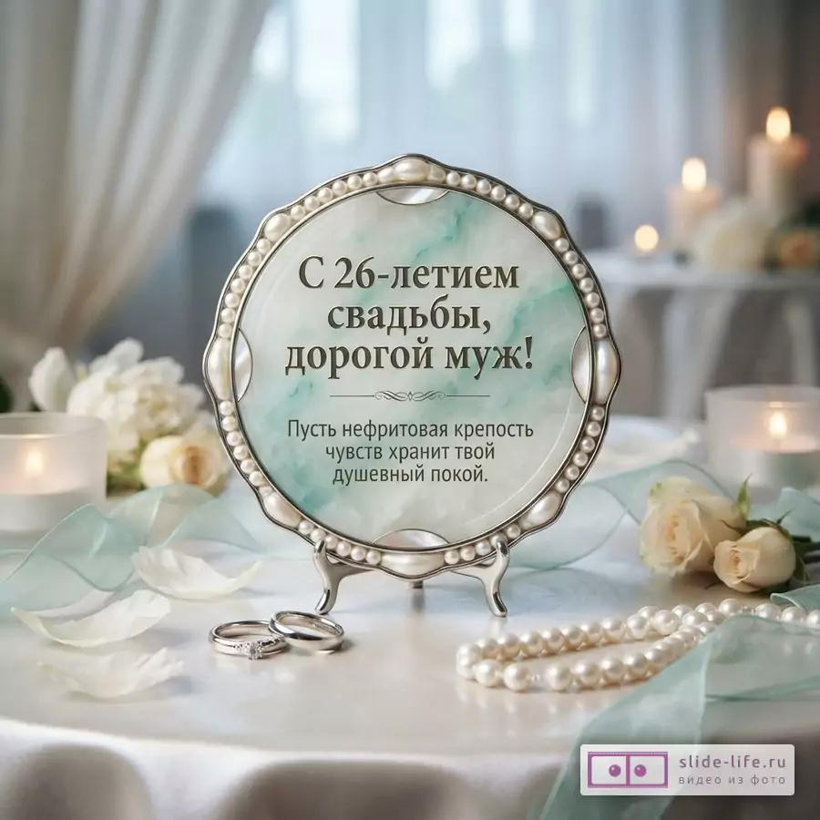 Нефритовая пластина в жемчужной раме, кольца, свечи и розы на столе с надписью «С 26-летием свадьбы, дорогой муж! Пусть нефритовая крепость чувств хранит твой душевный покой.»