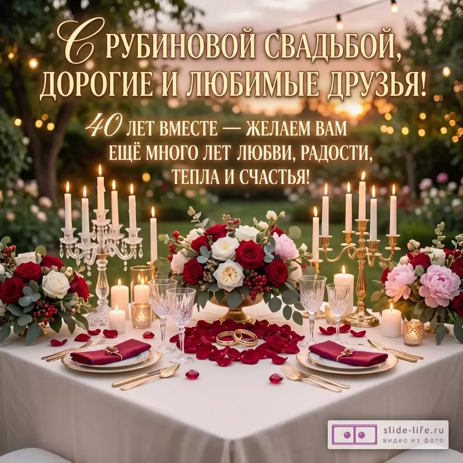 Праздничный стол с белой скатертью, красно-белыми букетами, свечами и бокалами, фон зелено-золотистый; текст «С рубиновой свадьбой, дорогие и любимые друзья!»