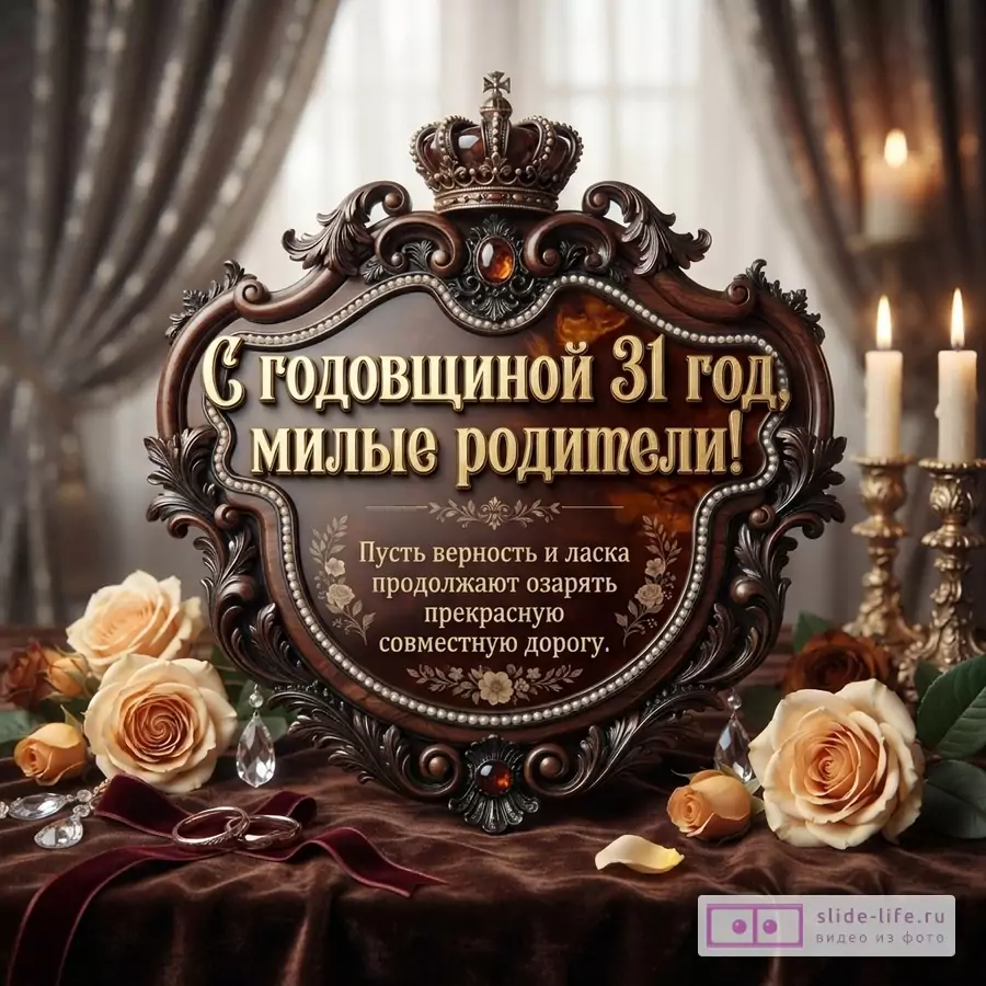 Открытка с коричневой бархатной рамкой, золотым текстом «С годовщиной 31 год, милые родители! Пусть верность и ласка продолжают озарять прекрасную совместную дорогу.», розами, свечами и кольцами