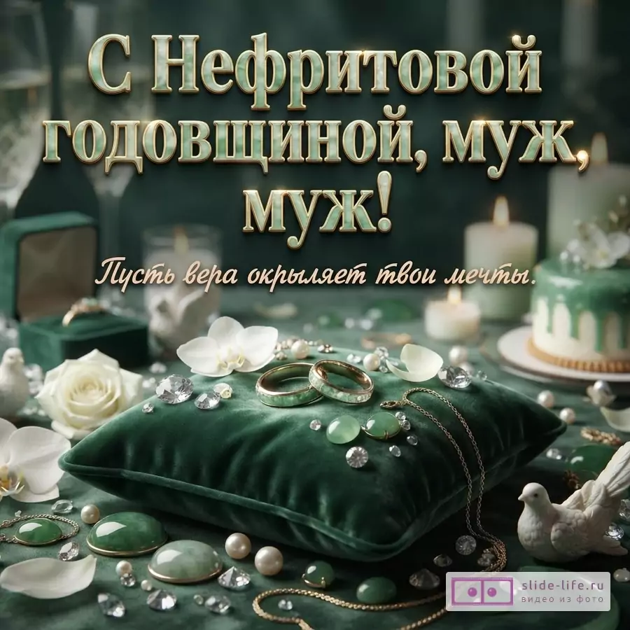 Зелёный фон, золотой текст «С Нефритовой годовщиной, муж! Пусть вера окрыляет твои мечты», зелёная бархатная подушка, кольца, жемчуг, цветы, свечи, торт.