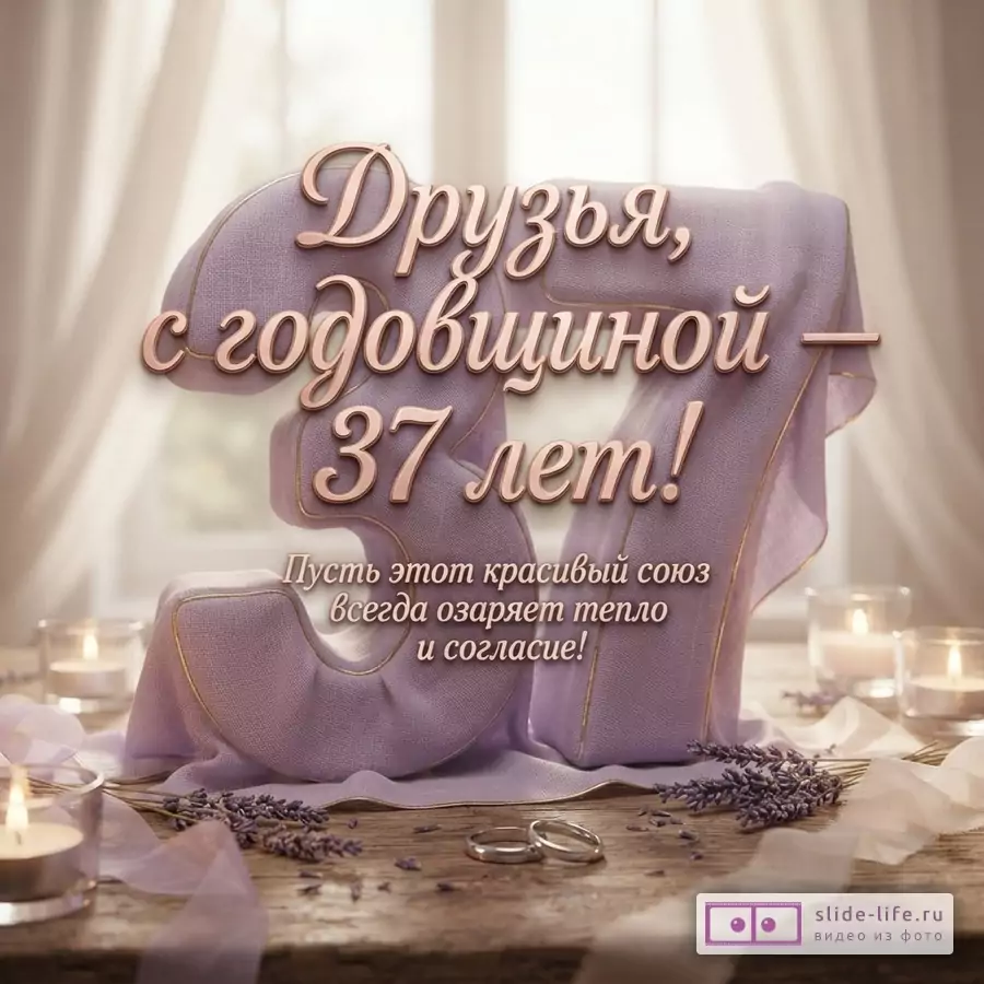 Фиолетовые объемные цифры 37, обернутые тканью, на деревянном столе. На столе свечи, лаванда, два обручальных кольца. Фон — окно с занавесками. Текст: «Друзья, с годовщиной — 37 лет! Пусть этот красивый союз всегда озаряет тепло и согласие!»