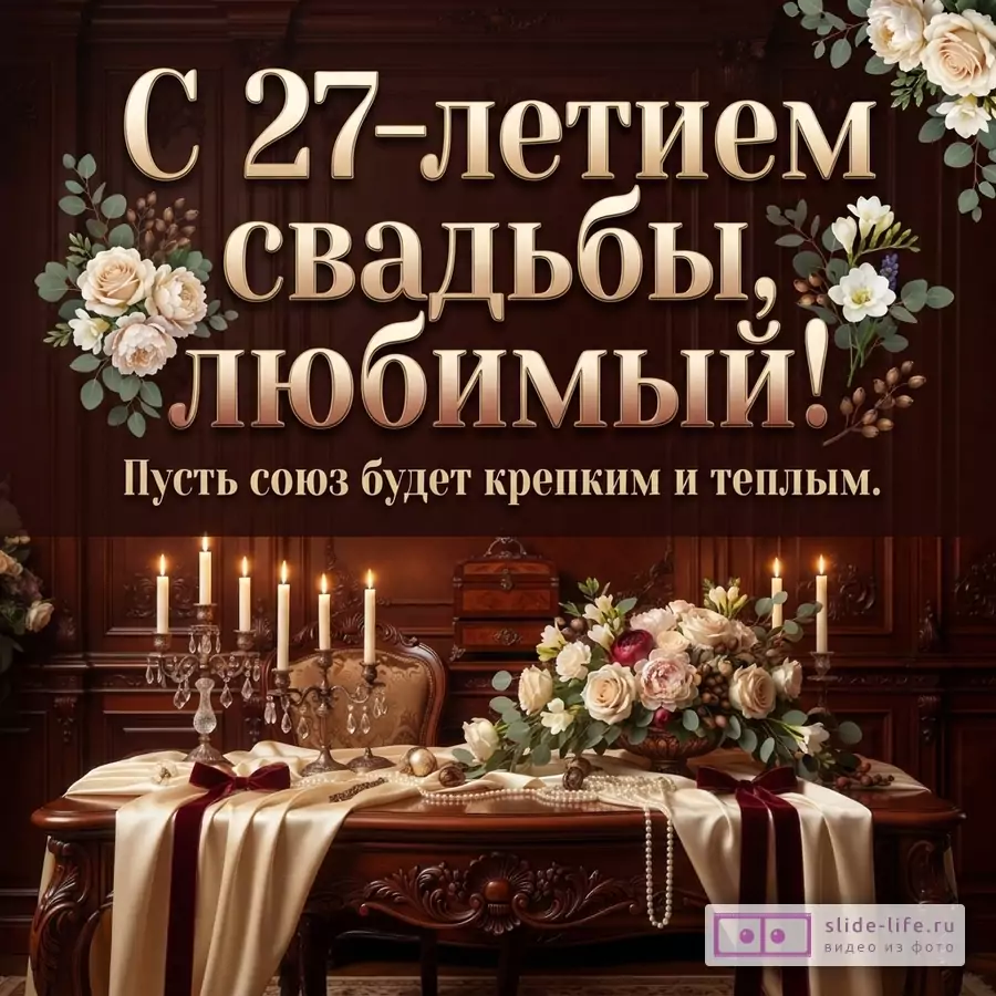 Открытка на фоне деревянной панели с цветочными элементами. Текст: «С 27-летием свадьбы, любимый! Пусть союз будет крепким и теплым.»