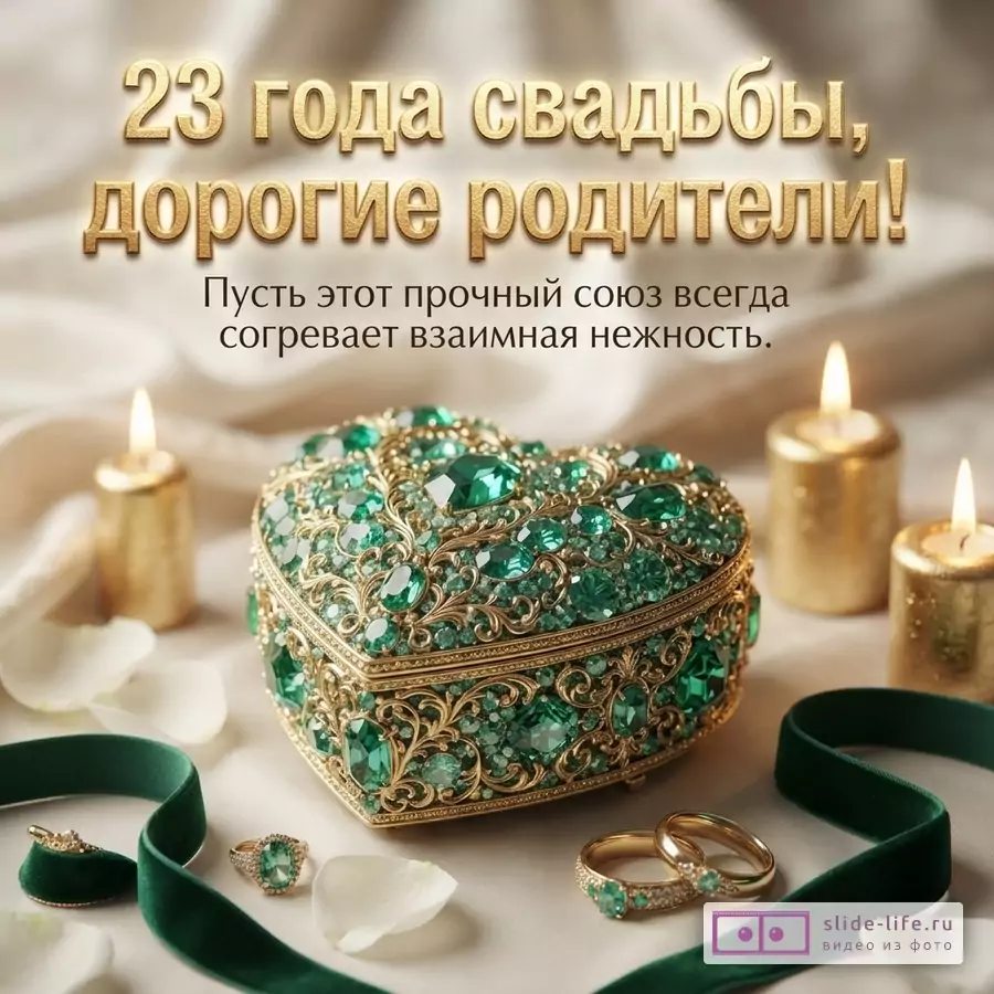 Шкатулка в форме сердца с зелеными камнями, золотые кольца и горящие свечи. Текст: «23 года свадьбы, дорогие родители! Пусть этот прочный союз всегда согревает взаимная нежность.»
