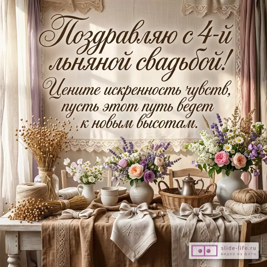 Бежевый фон, льняная ткань, кружево, розовые розы, лаванда, ромашки, корзины, клубки пряжи; текст «Поздравляю с 4-й льняной свадьбой! Ценю искренность чувств, пусть этот путь ведет к новым вершинам.»