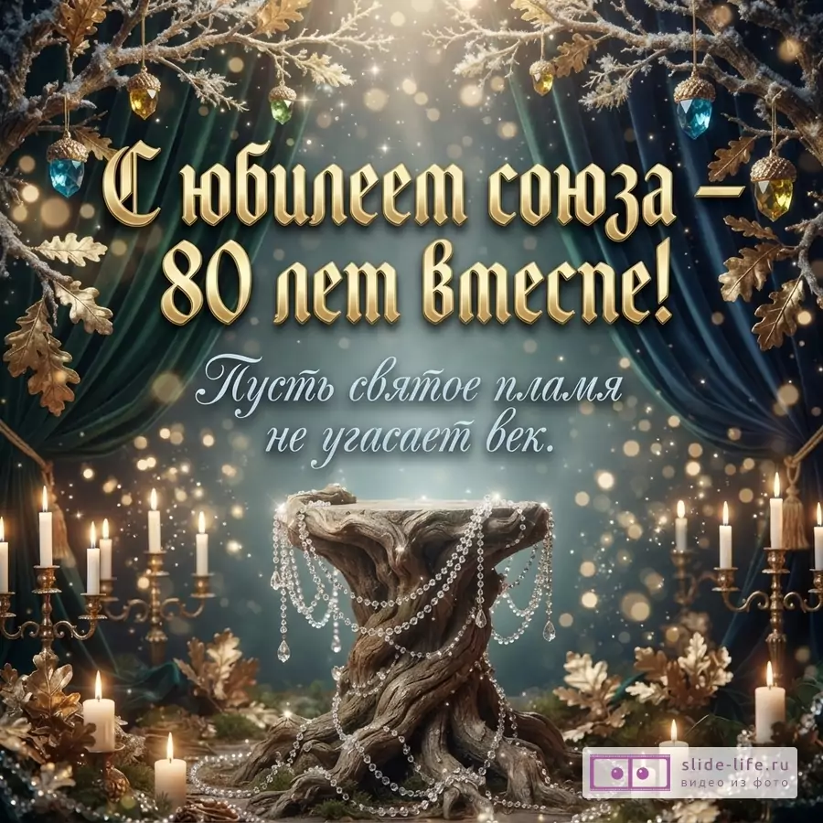 Торжественная открытка с дубовыми ветвями, золотыми и синими подвесками, свечами и украшенным срезом дерева на темно-зеленом фоне. Текст: «С юбилеем союза — 80 лет вместе! Пусть святое пламя не угасает век.»