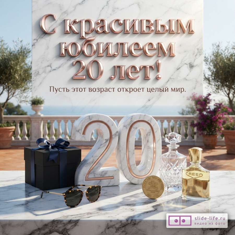 Мраморная плита с надписью «С красивым юбилеем 20 лет! Пусть этот возраст откроет целый мир», цифры 20, духи, очки и подарок на фоне моря.