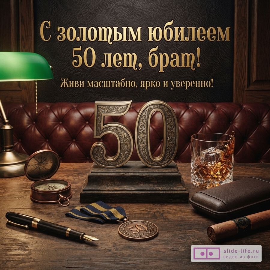 Открытка с золотым текстом на черном фоне «С золотым юбилеем 50 лет, брат! Живи масштабно, ярко и уверенно!». На переднем плане деревянный стол, на нем цифры «50», стакан виски, компас, ручка, медаль, сигара.