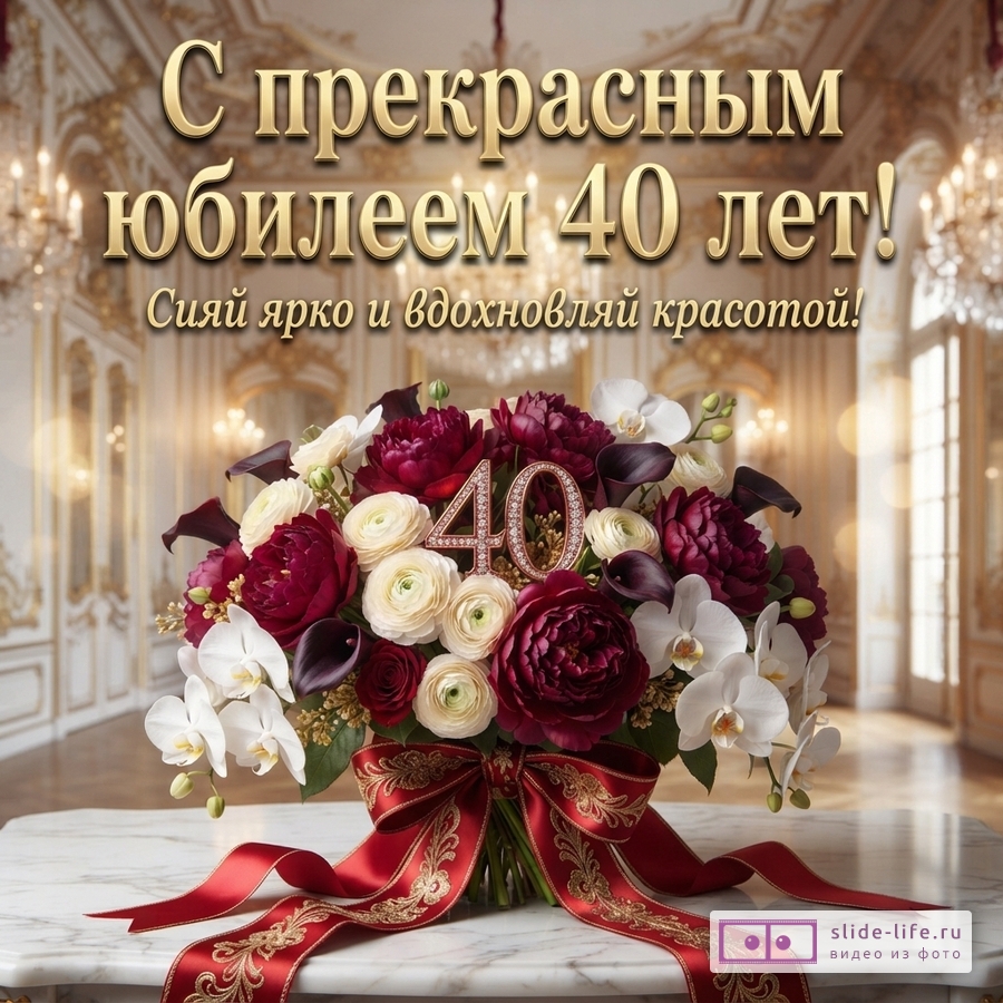 Букет из красных, белых цветов и орхидей с красной лентой на мраморном столе, на фоне золотого интерьера. В центре букета цифра «40». Текст: «С прекрасным юбилеем 40 лет! Сияй ярко и вдохновляй красотой!»