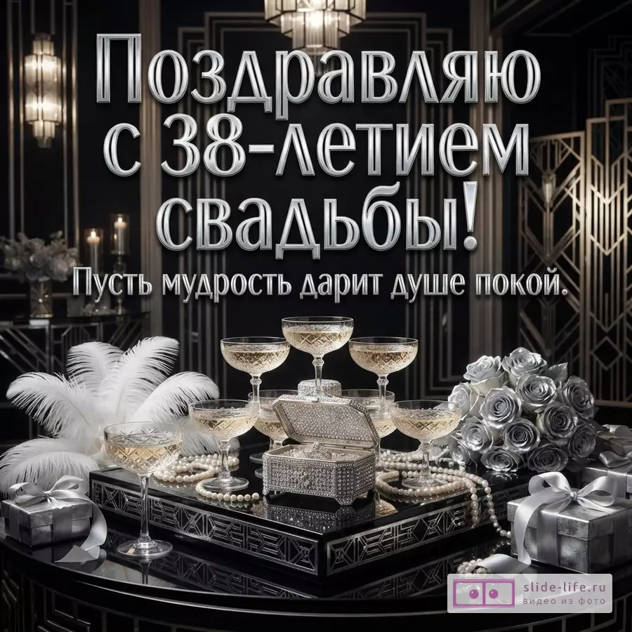 Черно-белая открытка с бокалами шампанского, жемчугом, розами и подарками, текст «Поздравляю с 38-летием свадьбы! Пусть мудрость дарит душе покой.»