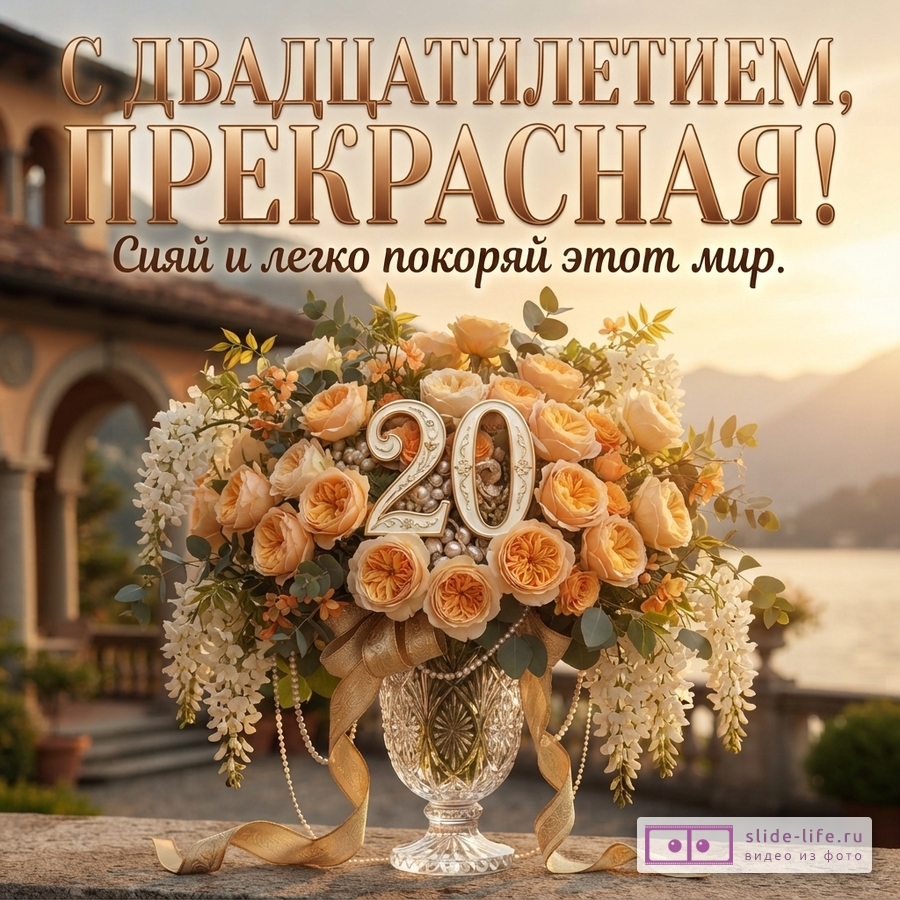 Букет персиковых роз с цифрой 20 в хрустальной вазе на террасе у озера и надпись «С двадцатилетием, прекрасная! Сияй и легко покоряй этот мир.»