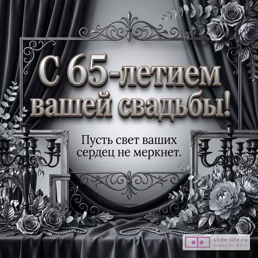 Серая открытка с черными драпировками, декоративной рамкой, цветами, канделябрами и текстом «С 65-летием вашей свадьбы! Пусть свет ваших сердец не меркнет.»