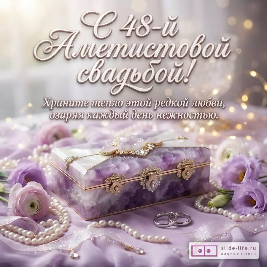Открытка с фиолетовым фоном, на котором стоит шкатулка из аметиста и жемчужные бусы. Текст: «С 48-й Аметистовой свадьбой! Храните тепло этой редкой любви, озаряя каждый день нежностью.»