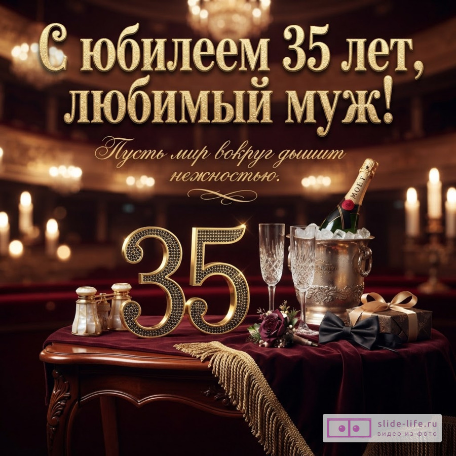Поздравительная открытка с текстом «С юбилеем 35 лет, любимый муж! Пусть мир вокруг дышит нежностью.» На бордовом фоне свечи, шампанское, бокалы, подарок и цифры 35.